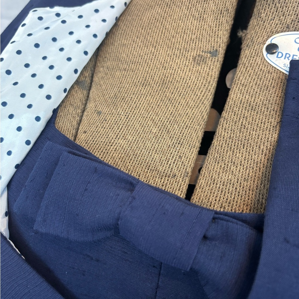 Vintage 60s Mod Navy Blue Textured Cotton Dress Suit Polka Dot Lining Jacket S - Picture 11 of 12